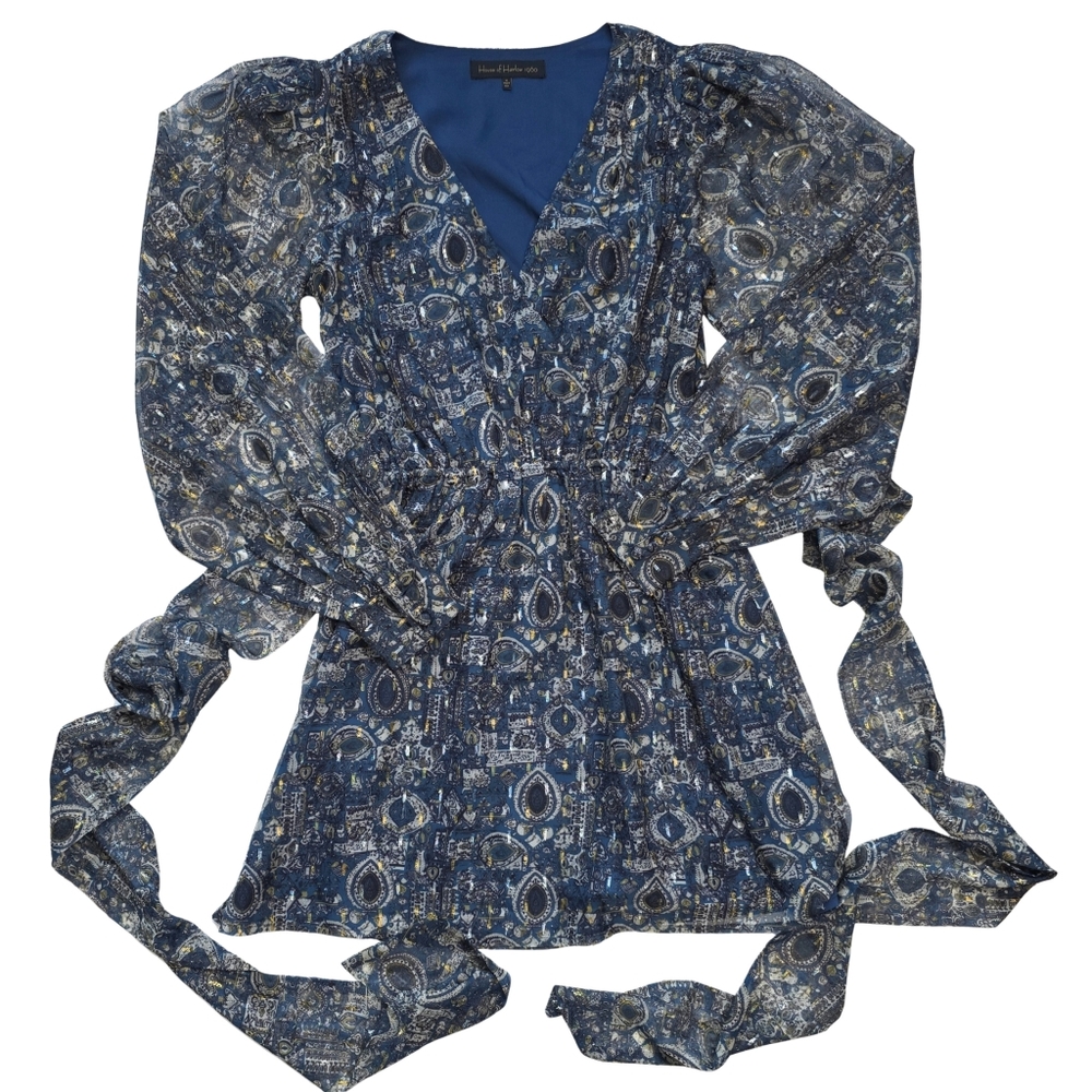 House of Harlow 1960 "Alba" Blue Mosaic Surplice Mini Dress | Size XS | - Picture 7 of 15